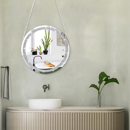 Mirrors for Wall Crystal Crush Diamond Silver Round Mirror for Wall Decor Frameless Mirror with Silver Stainless Steel Chain for Hallway Bathroom