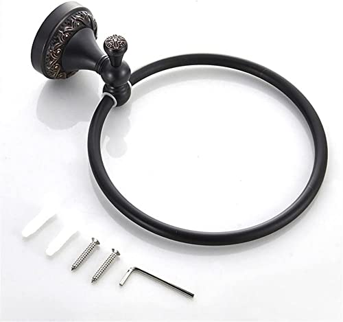 RAKUTE Anit-Rust Bathroom Towel Holder, Solid Copper Wall-Mounted Round Black Towel Ring,Classic Towel Rack with Flower Carved Bathroom Ring