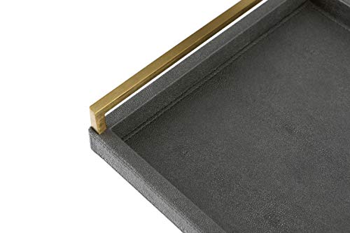 WV Decorative Tray Dark Grey Faux Shagreen Leather with Brushed Gold Stainless Steel Handle ,Serving Tray for Coffee Table, Ottoman in Living Roo