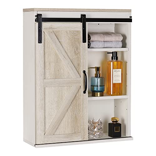 RUSTOWN Farmhouse Wood Wall Storage Bathroom Cabinet with Sliding Barn Door, Rustic Medicine Cabinet with Adjustable Shelf, 3-Tier Vintage Cabine