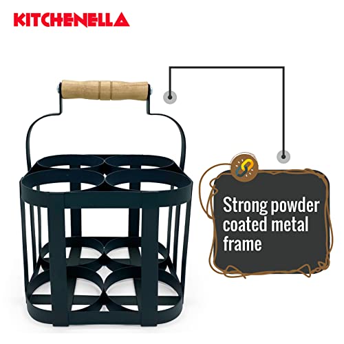 Milk Bottle Holder Doorstep in Black Metal with Wooden Handle - Carrier Fits 4 Standard Pint Sized UK Milk Bottles Vintage Retro Traditional Desi