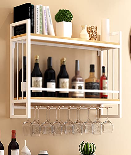 KEppd Industrial Wine Racks Wall Mounted with Glass Holder, Metal Hanging Wine Holder Wine Accessories, 2-Tiers Wall Mount Bottle Holder Glass Ra