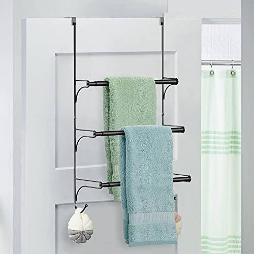Over the Door Towel Rail - 3 Tier Bathroom Hanging Towel Rack with 2 Hooks - Expandable Towel Ladder for Towelsor Clothing - Black