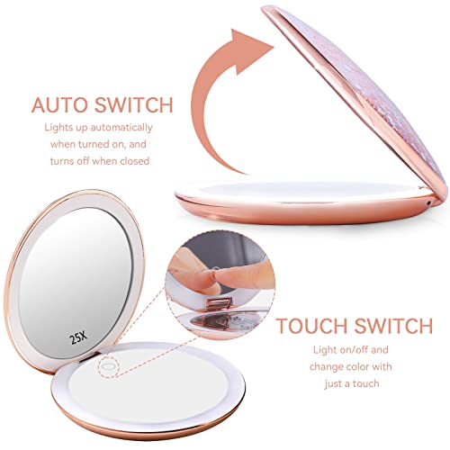 MIYADIVA Compact Mirror with Lights,1x/25x Magnification Travel Makeup Mirror,Handheld Magnifying Mirror,Vanity Mirror with Lights,Gift for Your
