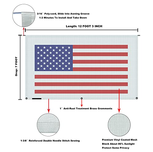 Tentproinc RV Awning Sun Shade Screen 7' X 12' 3'' ( American Flag ) Gray Mesh Sunshade Camper Trailer Awning Shade Screen UV Blocker Completed K