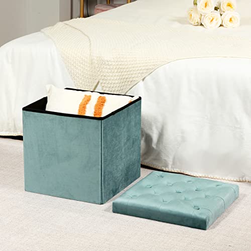 Bonlife Folding Teal Velvet Ottoman Storage Cube,Footrest Stool Seat,Toy Chest Storage Box with Lid,Footstool for Living Room,40x40x40cm