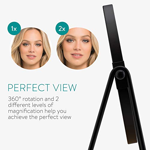 Navaris Tabletop Mirror with Tray - Double-Sided 1x/2x Magnifying Makeup Mirror with Bamboo Base - For Dressing Table, Bathroom, Bedroom - Black