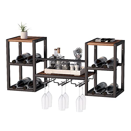 OUDUCK Wall Mounted Wine Rack with 3 Stemware Rack, Industrial Hanging Wine Rack Storage Display Shelf for Small Bar, Dining Room and Kitchen