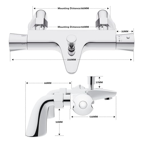 PURAGEIR Thermostatic Bath Shower Mixer, Deck Mounted Bath Mixer Shower,Thermostatic Bath Shower Valve with Anti-Scald Control, Chrome, Bathtub M