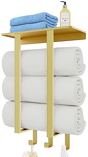 Towel Rack Wall Mounted, BETHOM Towel Racks with Shelf and 3 Hooks for Small Bathroom, Towel Storage Wall Can Holds Up to 3 Large Size(160x100 cm