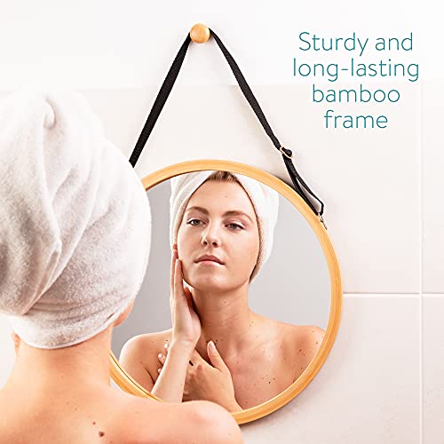 Navaris Round Hanging Mirror - Small Bamboo Wall-Mounted Contemporary Modern Design Mirror with Adjustable Strap for Living Room, Bedroom, Hallwa