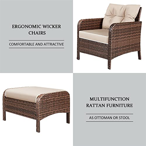 TJLSS 5 PCS Rattan Wicker Furniture Set Sofa Ottoman W/Brown Cushion Patio Garden Yard