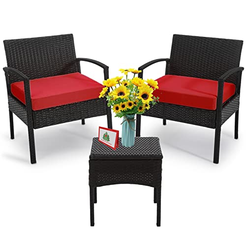 GEAREDEN 3 Pieces PE Rattan Wicker Chair Set Outdoor Patio Rattan Wicker Funiture Set, Conversation Sets with Coffee Table (Red)