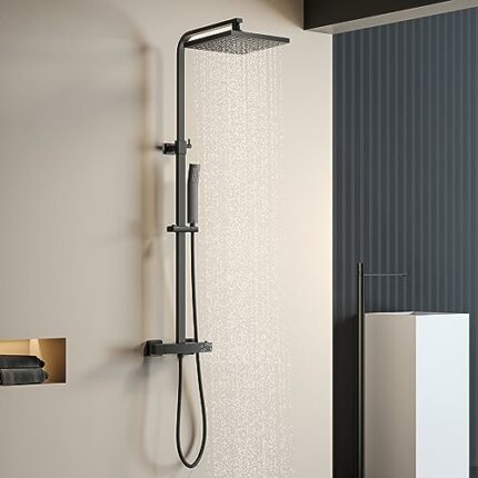 YOOZENA Shower Mixer Set, Black Thermostatic Shower System, Adjustable Height Shower Mixer Bar Set for Bathroom,Thermostatic Shower Set,Black