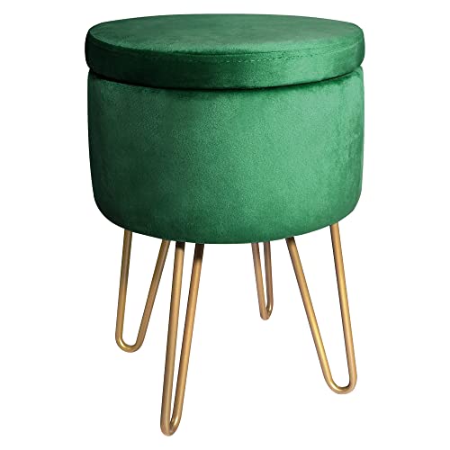 BONTEC Velvet Dressing Table Stool, Round Vanity Stool with Storange, Bedroom Ottoman Stool with Metal Legs for Home Living Room Fitting Room Bed