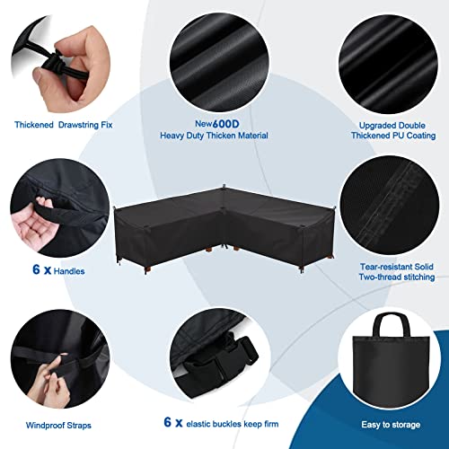 L-Shape Furniture Cover, 600D Oxford Waterproof Garden Sofa Cover, Heavy-duty Sectional Sofa Covers, Windproof Anti-UV Heavy-duty, with Handles f