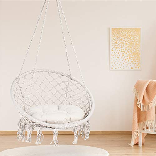 Display4top Beige Hammock Chair Macrame Swing,Hanging Cotton Rope Swing Chair,Comfortable Sturdy Hanging Chairs, With Round Seat Cushion for Indo