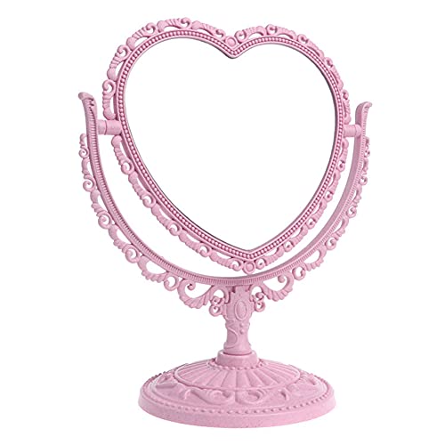 Jorzer Heart Shaped Mirror Rotatable Makeup Mirror Double Sided Vanity Mirror Swivel Cosmetic Mirror Girls Women Stand Desktop Plastic Mirror - P