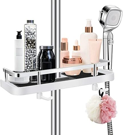 XMING Shower Bar, Shower Rack, No-hole Lifting Bar, No-nail Bathroom Tray, With Hook, Toilet To Store Flowers And Wine