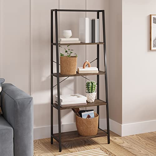 Novilla 4-Tier Large Storage Bookshelf for Living Room, Industrial Ladder Metal Frame Bookcase for Bedroom/Kitchen/Home Office, Adjustable table