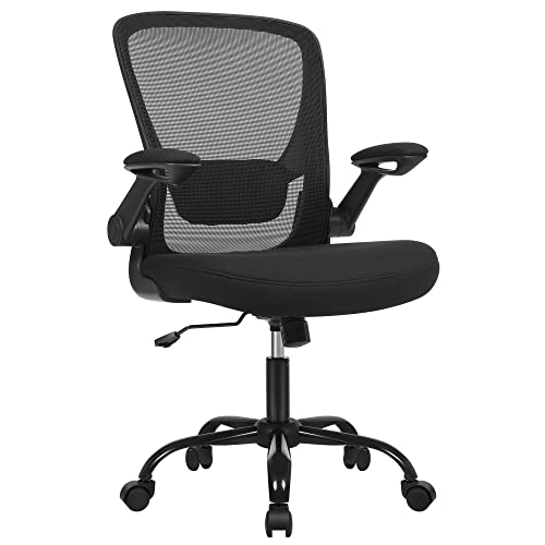 SONGMICS Office Chair with Folding Armrest, Desk Mesh Chair, Ergonomic Computer Chair, 360° Swivel Chair, Adjustable Lumbar Support, Space-Saving