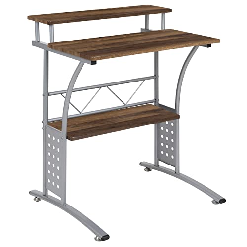 Flash Furniture Computer Desk with Top and Lower Storage Shelves, Metal, Maple, Set of 1