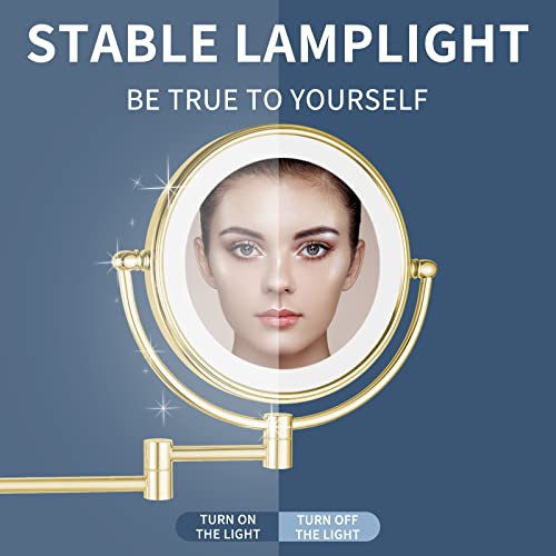DOWRY Wall Mounted Magnifying Mirror with Light 5x,Gold Extendable Mirror,LED Illuminated Shaving Mirror,360 ° Rotatable Double Sided Mirror,Ø20c