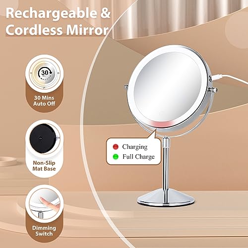 FFowcye Makeup Mirror with Lights and Magnification, 8" Adjustable Brightness & Height 1X/10X Magnifying Mirror LED 360° Rotation Touch Screen Va
