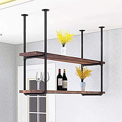 EYLINK Ceiling Shelf Wrought Iron Vintage Solid Wood Hanging Wine Rack/Storage Rack/Wine Bottle Rack,2Cm Solid Wood Board,Super Load-Bearing Home