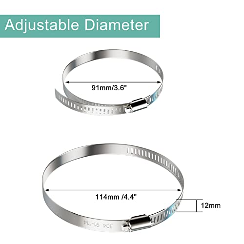 NEBURORA 91-114mm Hose Clip Adjustable 304 Stainless Steel Duct Clamps 4 Pack Worm Gear Clips Clamps 4 inch Diameter Fuel Line Hose Pipe Clamps f