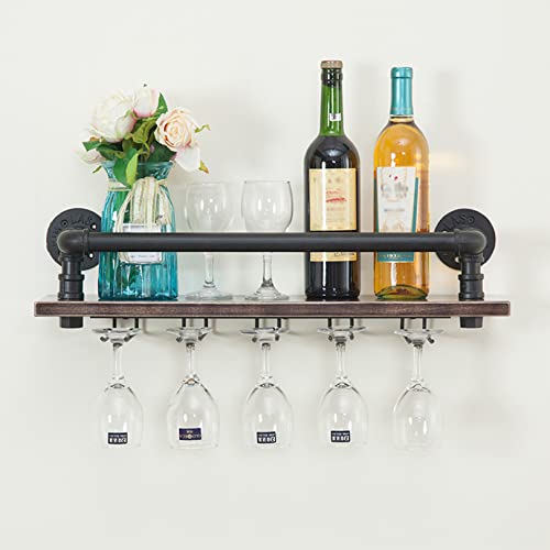 Industrial Wine Rack Wall Mounted with Wine Stemware Rack Vintage Rustic Wine Bottle Glass Holder - Holds 5 Glasses and 5 Wine Bottles - 23.6 * 7