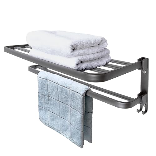 Myckulisu Towel Rack for Bathroom Foldable Double Towel Holder with Towel Bar and 4 Hooks for Bathroom, 24inch(60cm), Gunmetal Grey