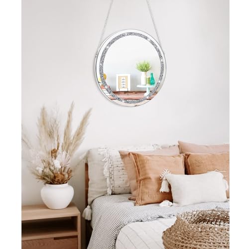 Mirrors for Wall Crystal Crush Diamond Silver Round Mirror for Wall Decor Frameless Mirror with Silver Stainless Steel Chain for Hallway Bathroom