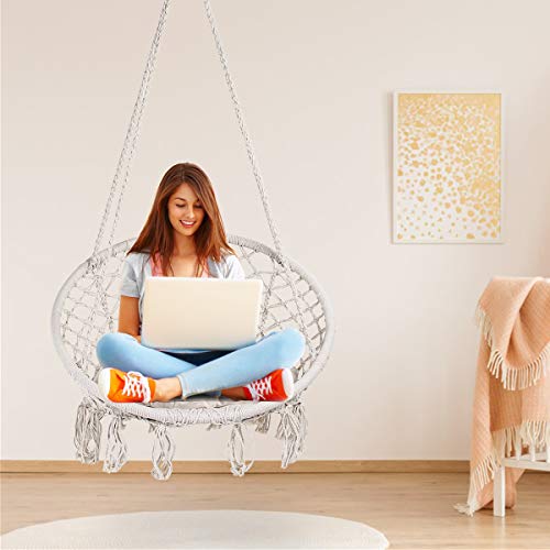 Display4top Beige Hammock Chair Macrame Swing,Hanging Cotton Rope Swing Chair,Comfortable Sturdy Hanging Chairs, With Round Seat Cushion for Indo