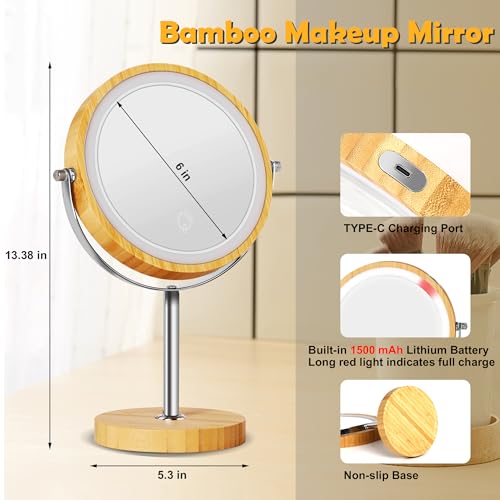 SLIMOON 8" Lighted Makeup Mirror with Bamboo Stand, 1X/10X Double Sided Magnifying Mirror with Light, 3 Colors Brightness Adjustable, 360° Cordle