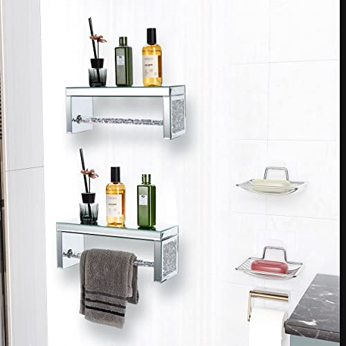 TACIDON Glass Mirrored Wall Shelf. Wall Mounted Bathroom Shelf Over Toilet. Glamorous Crystal Diamond Glass Towel Bar. Decorative Storage Glass S