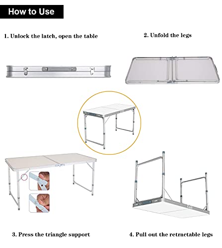 Folding Camping Table with Adjustable Height, 4ft x 2ft Aluminium Foldable Portable Picnic Table for Outdoor Indoor Kitchen Garden Party Compact