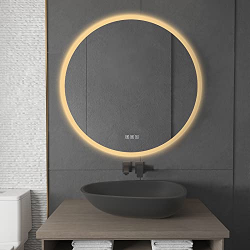 furduzz IL-02-60 Illuminated Backlit LED Bathroom Mirror, 600x450mm Wall Mounted Multifunction Bathroom Vanity Mirror with Touch Button 3 Colour