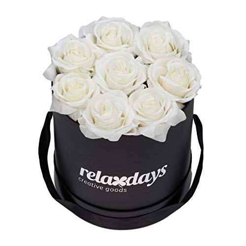 Relaxdays Round Flowerbox with 8 Faux Roses, Black Box, Last 10 Years, Gift, Decorative Bouquet, Red, 17 x 17 x 17 cm