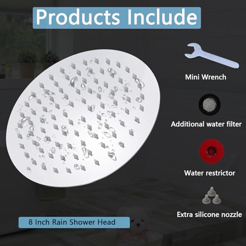 Rain Shower Head, Katezon High Pressure Rainfall Showerhead Stainless Steel, Bathroom Waterfall Shower Universal Wall Ceiling Mount (8'', Chrome)
