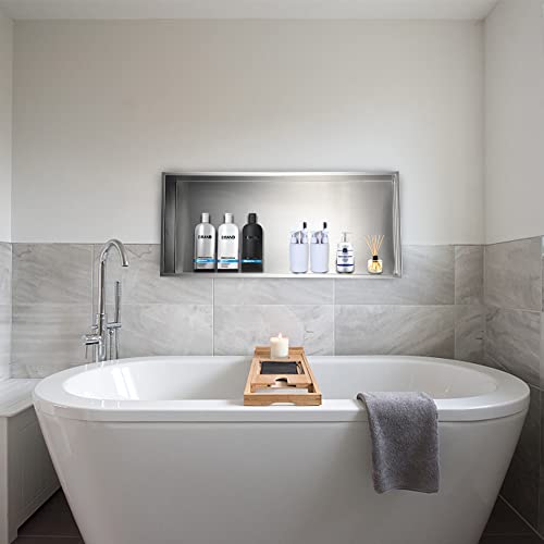 Supllueer 24"×12" Shower Niche Brushed Stainless Steel, Recessed Shower Caddy, Bathroom Shelf Insert Fits for 23"x23" Wall Hole Installation