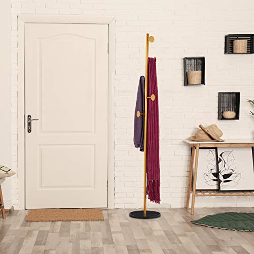 Relaxdays Coat Rack, with Marble Base, Standing Wardrobe with 5 Hooks, Hallway Storage, HxØ: 172 x 29 cm, Black/Gold