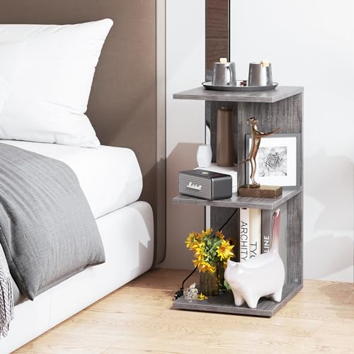 Fixwal End Table with Charging Station, Modern 3-Tier Narrow Side Table, Bedside Table with USB Ports and Outlets, Rolling Bedside Nightstand wit