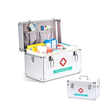 2 Layer Portable Aluminum Alloy Frame Medicine Storage Box with Lock First Aid Medicine Storage Box Childproof Medication Case Household Medicine