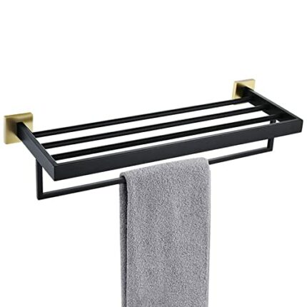 TURS Bathroom Towel Rack Black and Gold Towel Shelf with Towel Bar Stainless Steel Wall Mounted Towel Holder Towel Rail
