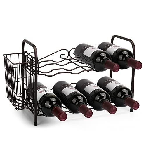 OBloved Metal 2 Tier Countertop Wine Rack with Storage Basket, Wine Cabinet Counter Wine Rack Holder and Storage Wine Rack Stackable-Hold 8 Bottl