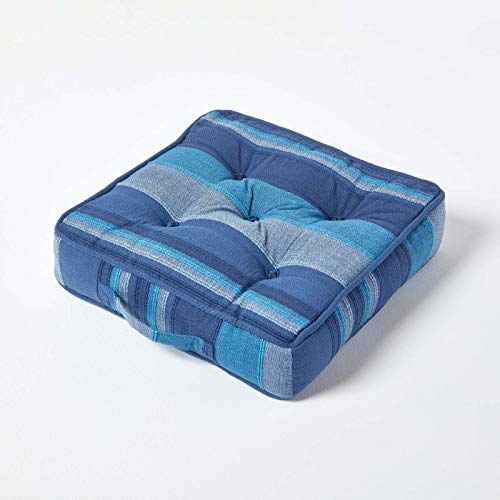 HOMESCAPES Morocco Striped 100% Cotton Floor Cushion Beige 40 x 40 x 8 cm Square Indoor Garden Dining Chair Booster Seat Pad Cushion