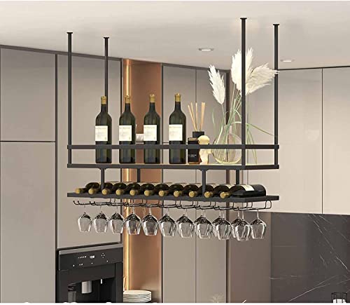 EMISOO Ceiling Mount Shelf Hanging Wine Rack with Glass Holder and Shelf, Adjustable Height Metal Ceiling Bar Wine Glass Rack, 2 Layer Industrial