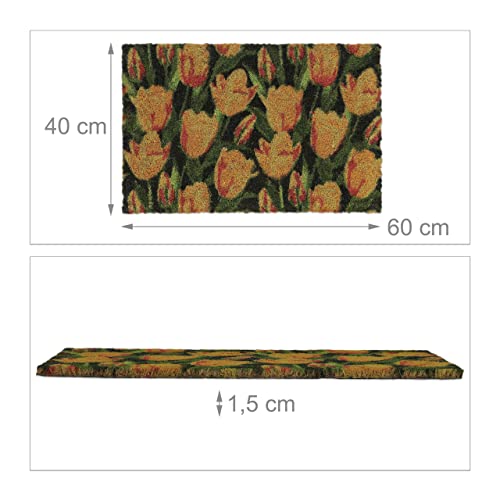 Relaxdays Doormat Coir Flower Tulips, 40 x 60 cm, Door Mat Inside & Outside, Non-Slip Wiper, Rectangular, Multicoloured