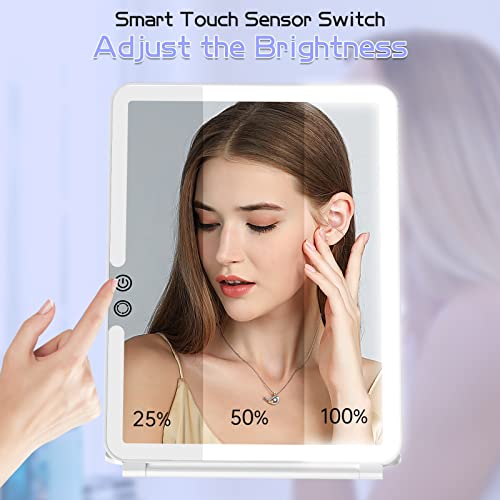 FUNTOUCH Rechargeable Makeup Mirror with Light, Portable Lighted Travel Mirror with 10X Magnifying, 3 Colors Light Modes, Touch Screen Dimming Fo